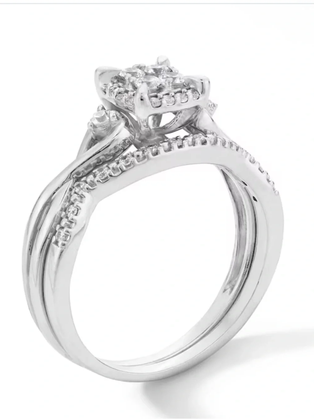 1/3 CT. T.W. Multi-Diamond Twist Shank Bridal Set in 10K White Gold  SIZE:7